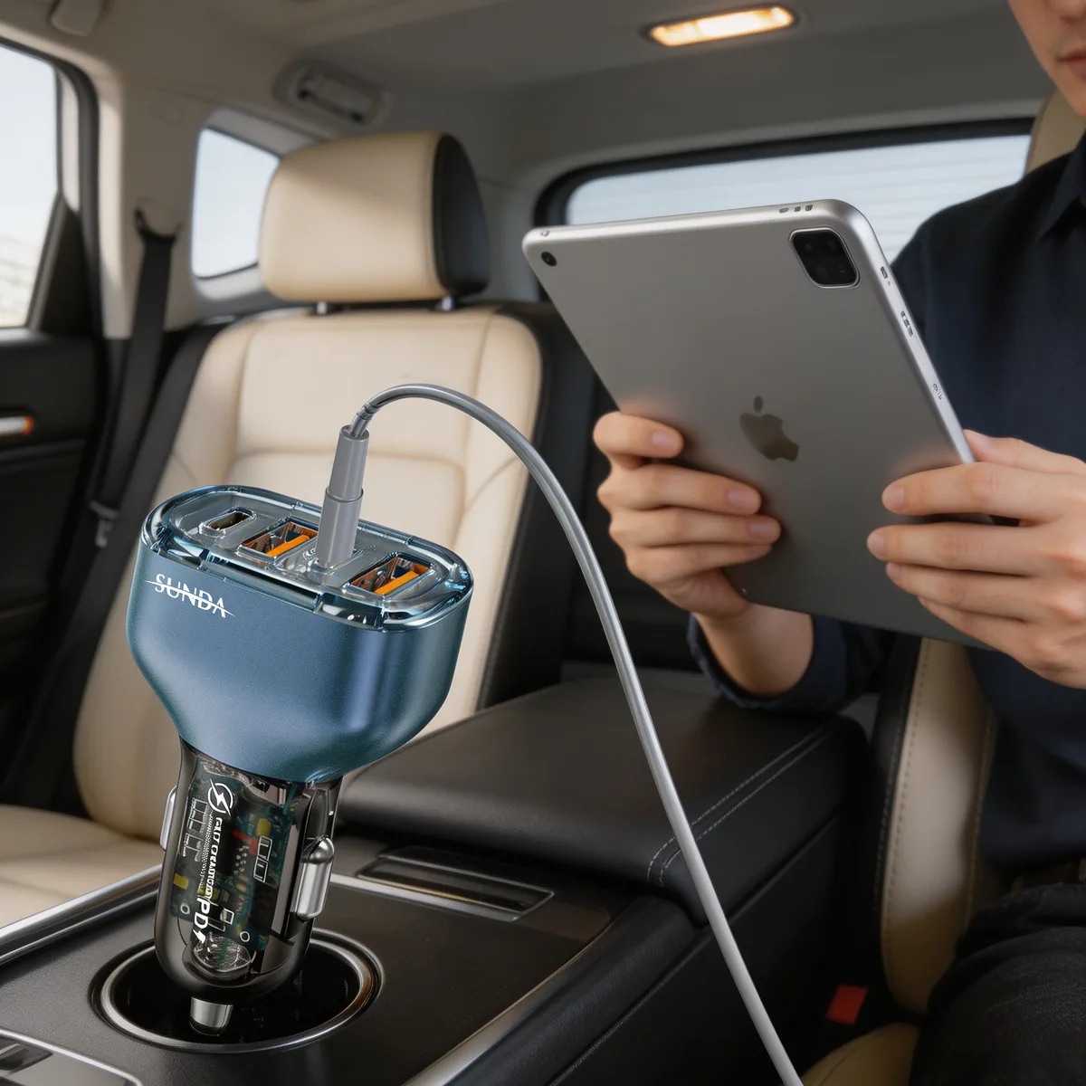 SUNDA CC68 120W transparent car charger charging a tablet in a car