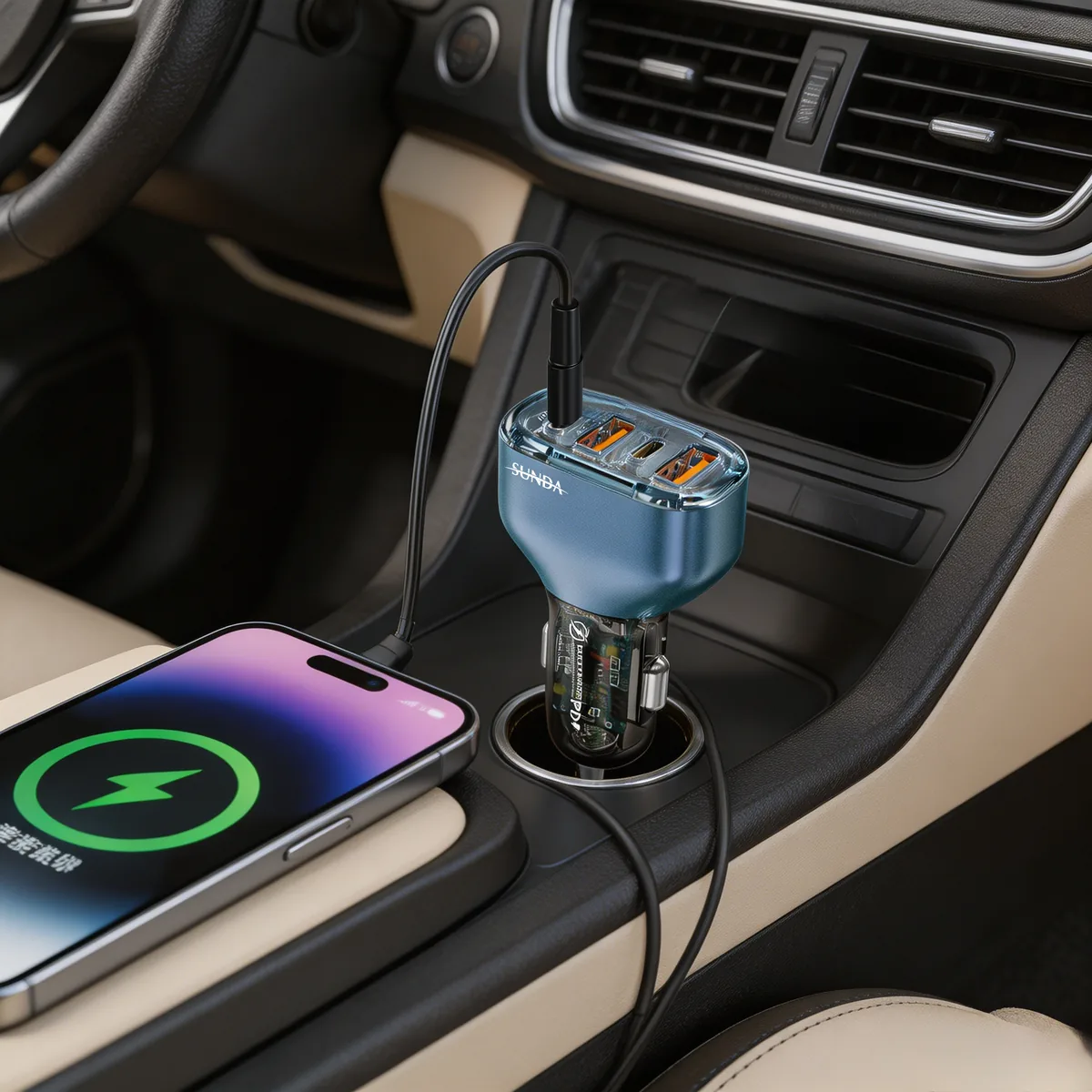 SUNDA CC68 120W car charger in a car cigarette lighter socket charging a phone
