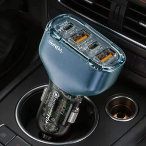 SUNDA CC68 120W transparent car charger plugged into a car cigarette lighter
