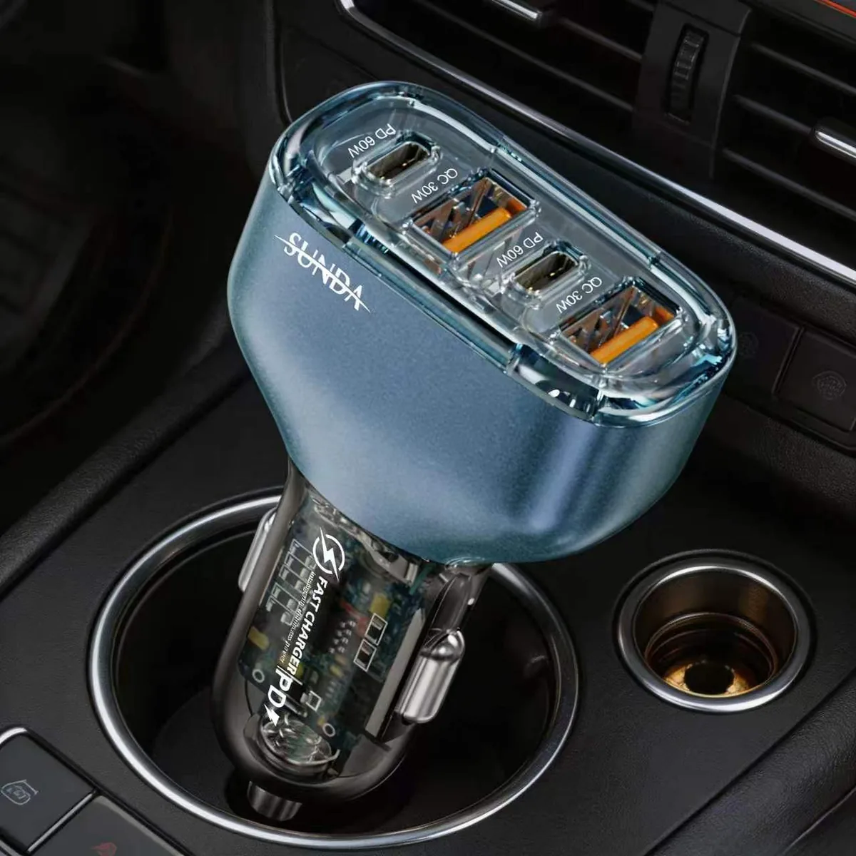 SUNDA CC68 120W transparent car charger plugged into a car cigarette lighter