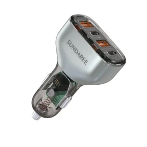 SUNDA CC68 four-port car charger with a clear top over the port block and a silver body