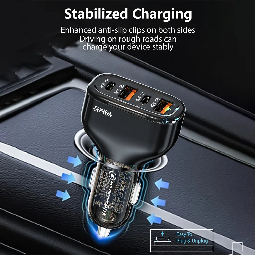 SUNDA CC68 car charger stabilized charging with anti-slip clips