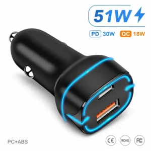 SUNDA 38W dual port car charger with USB-A and Type-C and blue light ring