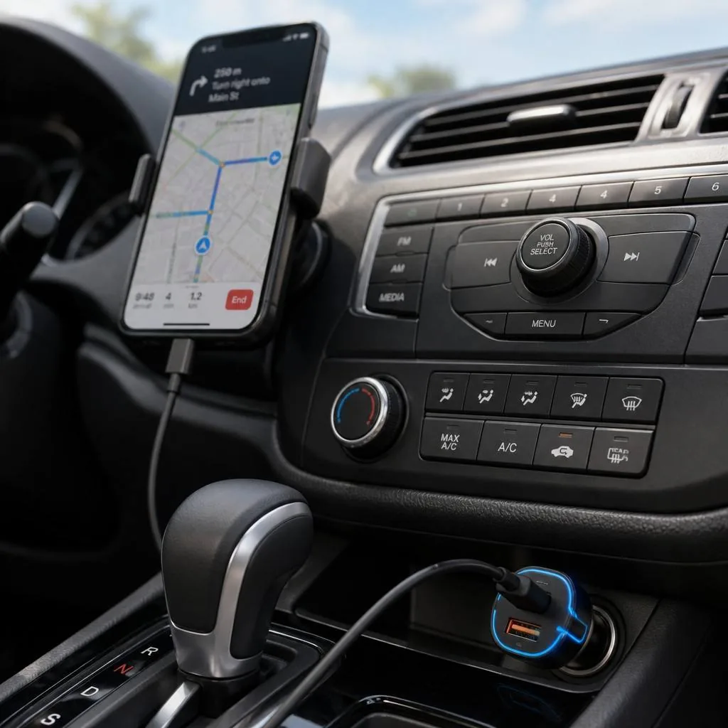 SUNDA dual port car charger in a car lighter socket charging a phone