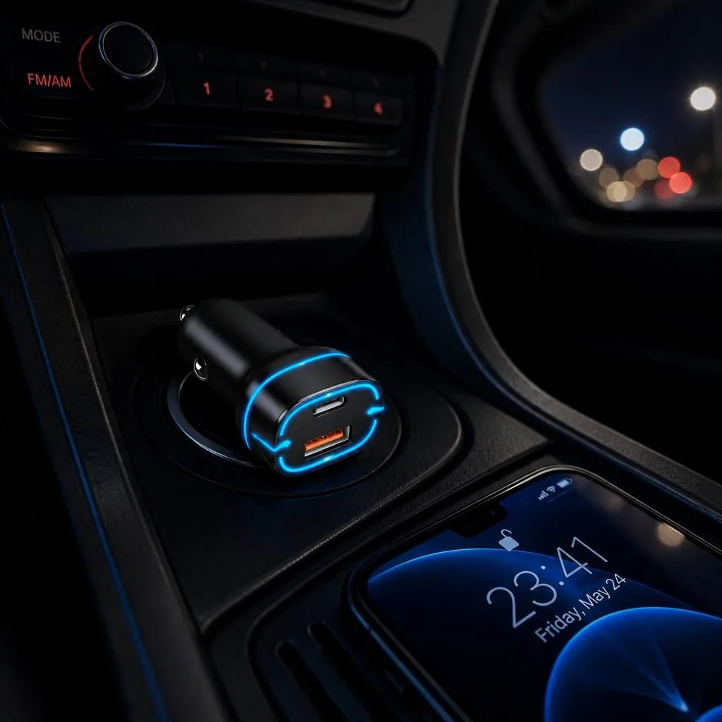 SUNDA dual port car charger with blue light ring at night in a car