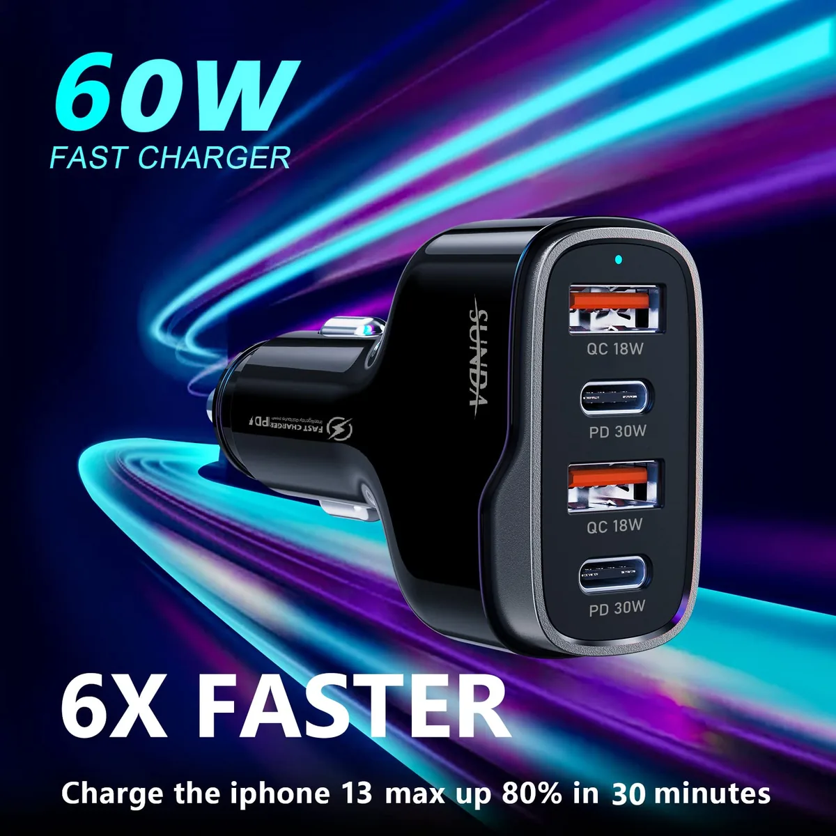SUNDA CC68 60W fast car charger 6X faster charging