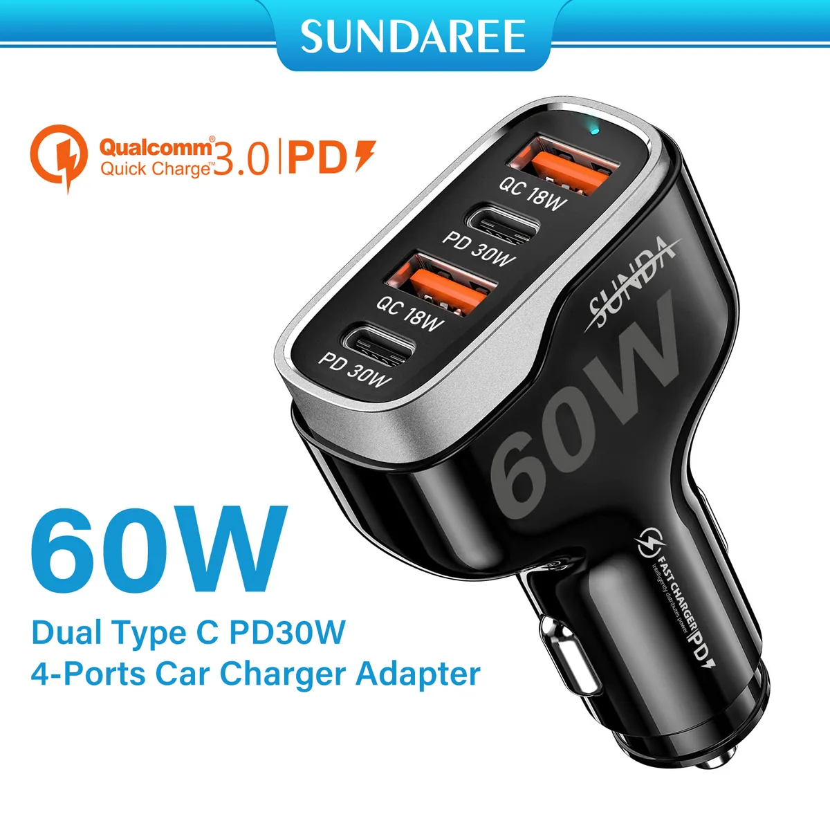 SUNDA CC68 60W dual Type-C PD30W 4-port car charger adapter