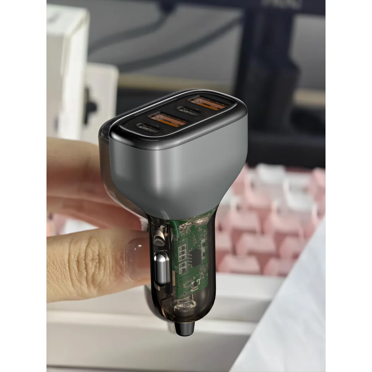 SUNDA CC68 66W four-port car charger in a grey body held in the hand