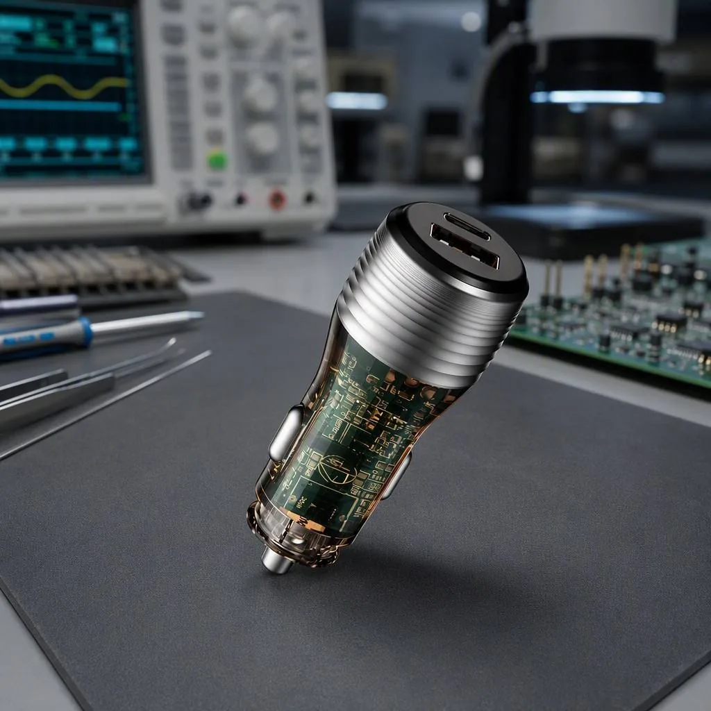 CC70 51W transparent car charger with the circuit board visible inside