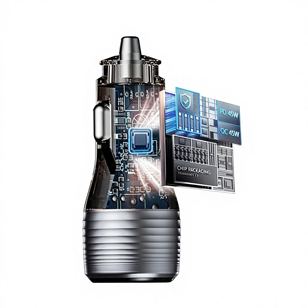 CC70 car charger transparent shell showing the internal PCB and chip packaging