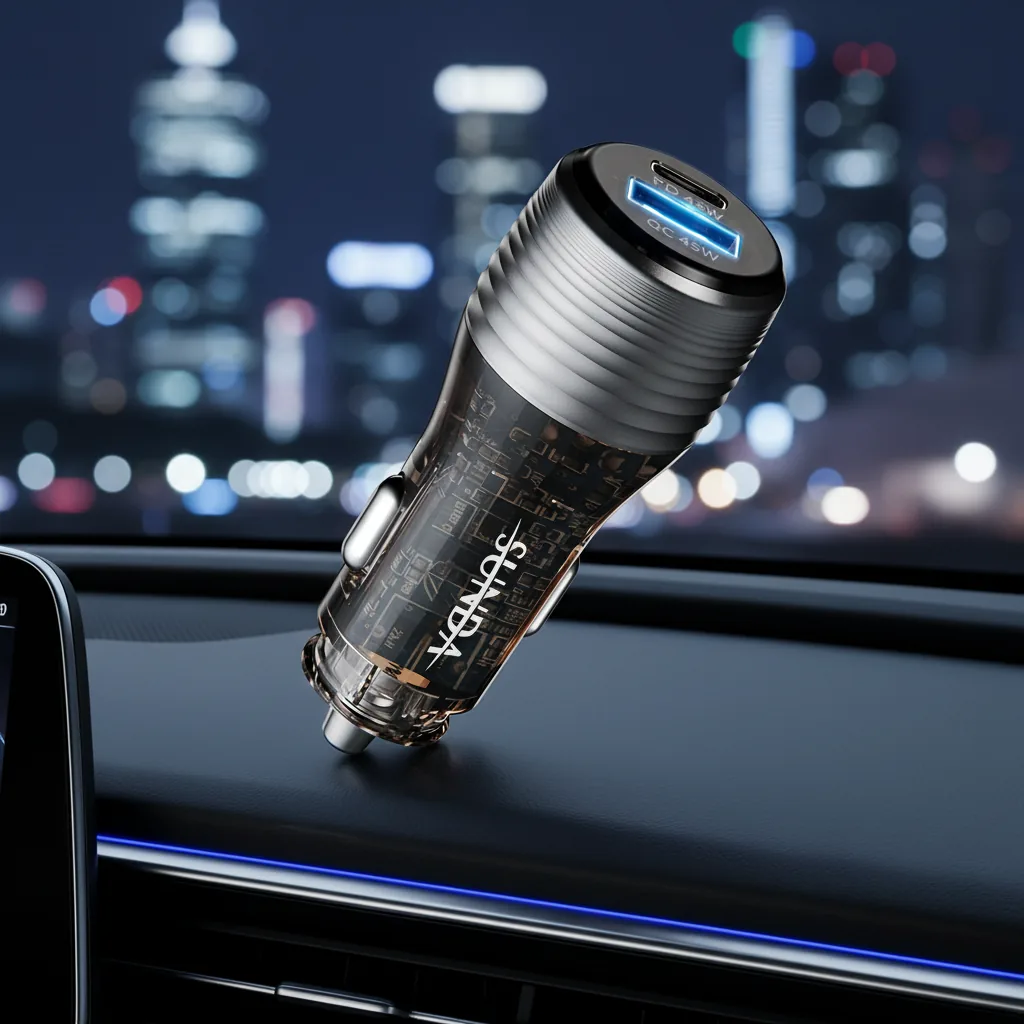 CC70 51W transparent car charger PD fast charge plus QC 3.0, studio shot