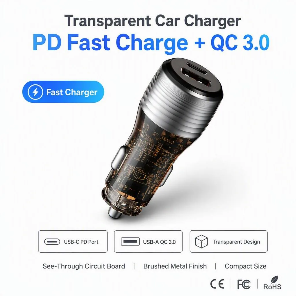 CC70 51W car charger with the USB-C PD port and USB-A QC3.0 port labelled