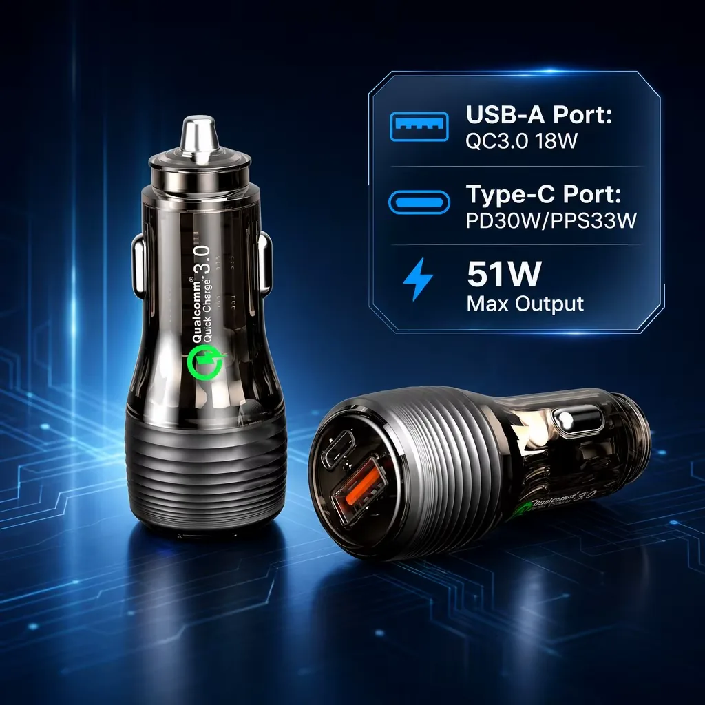 CC70 51W car charger output split, USB-A QC3.0 18W plus Type-C PD30W PPS33W