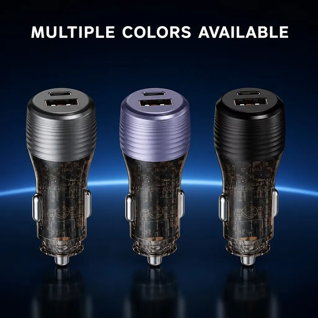 CC70 51W car charger available in grey, purple and black colourways