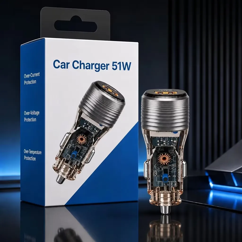 CC70 51W car charger retail box, Car Charger 51W packaging