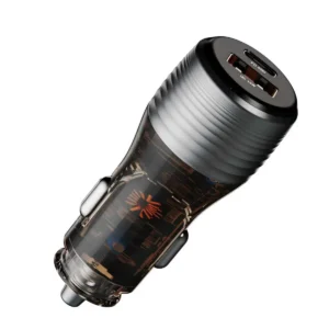 CC70 90W transparent car charger with a brushed metal cap and clear PC body