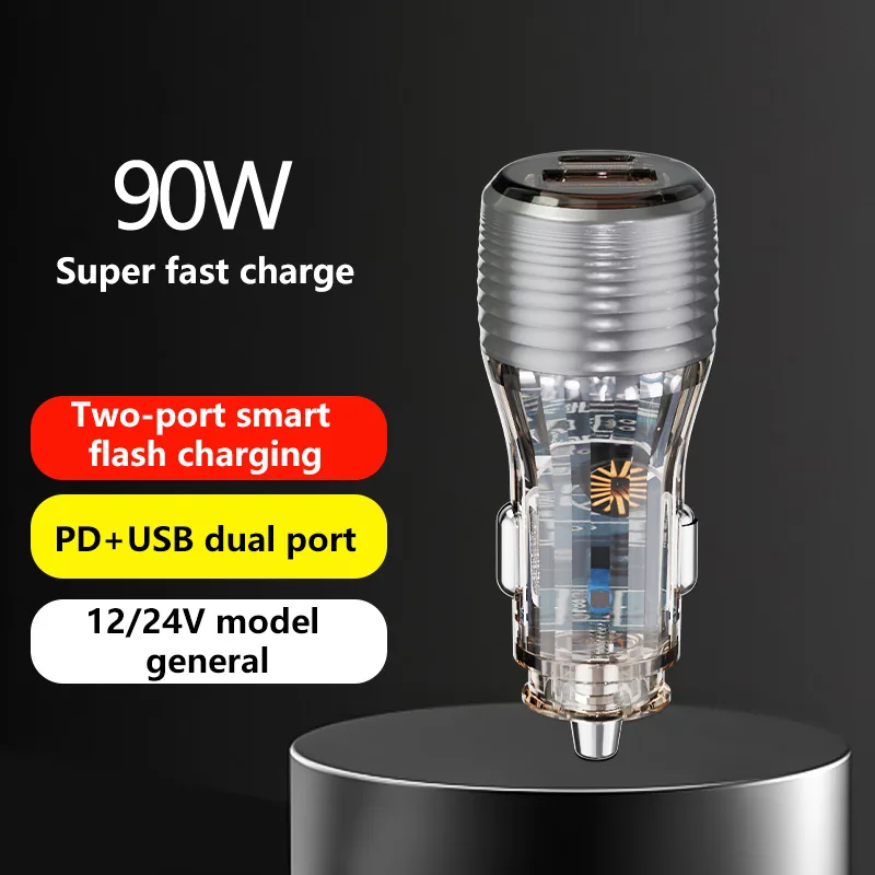 CC70 90W two port car charger with PD and USB dual port, marked 90W super fast charge
