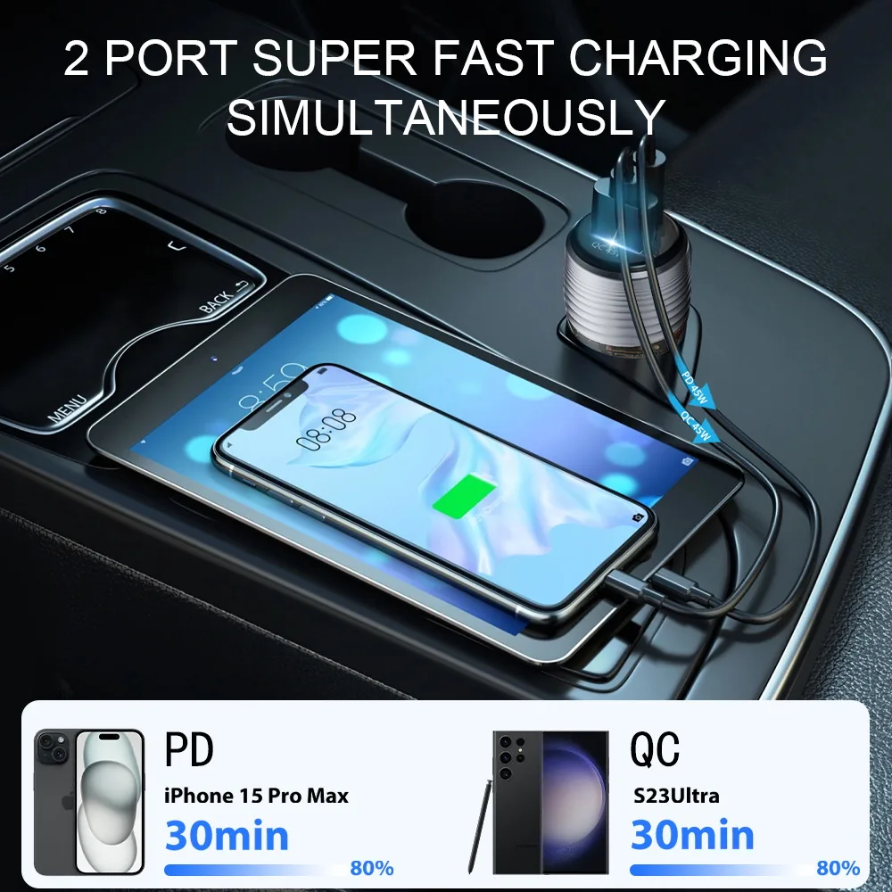 CC70 90W car charger fast charging two devices at the same time