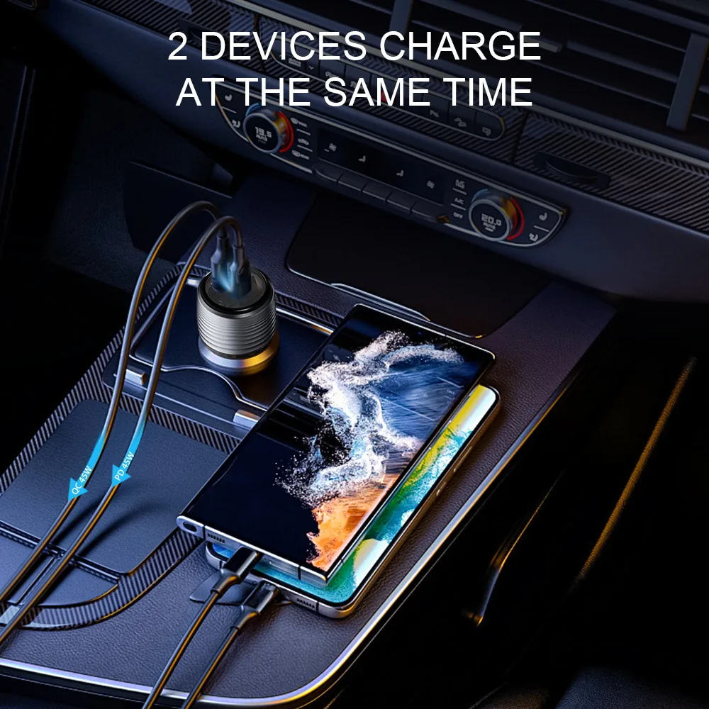 CC70 90W car charger charging two phones at the same time in a vehicle