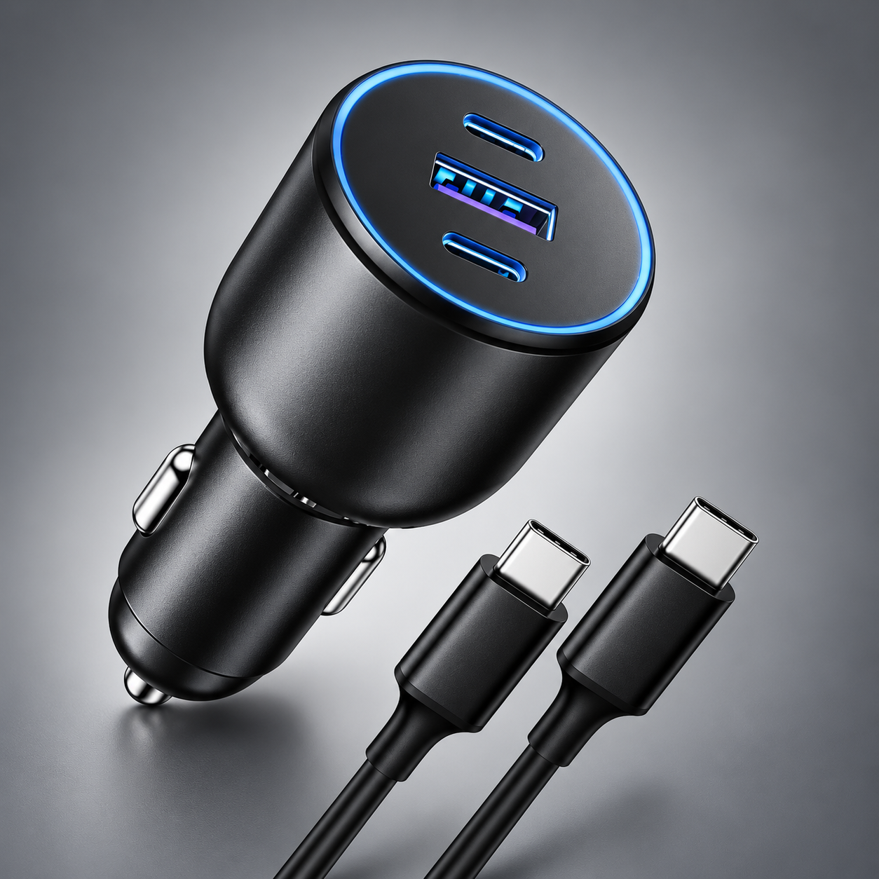 Dual-port USB-C PD car charger with USB-C cable