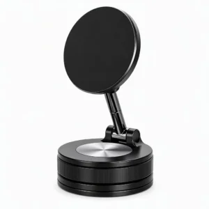 SUNDA foldable magnetic car phone holder in black with round magnetic plate and circular suction base