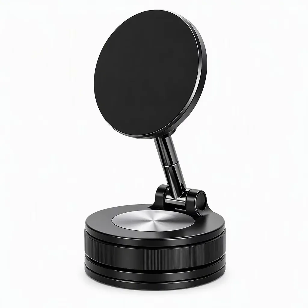 SUNDA foldable magnetic car phone holder in black with round magnetic plate and circular suction base