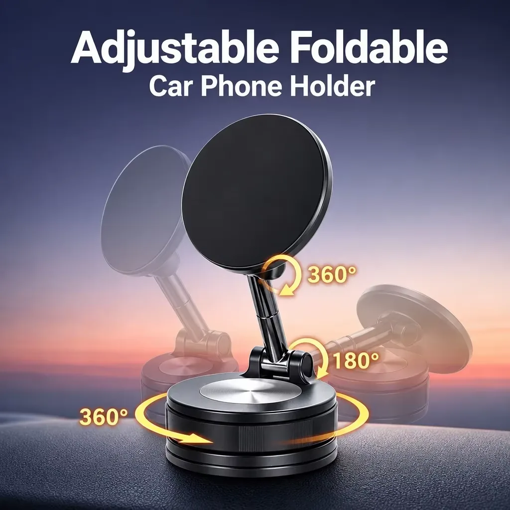 Foldable magnetic car holder showing the 360 degree swivel and 180 degree hinge ranges
