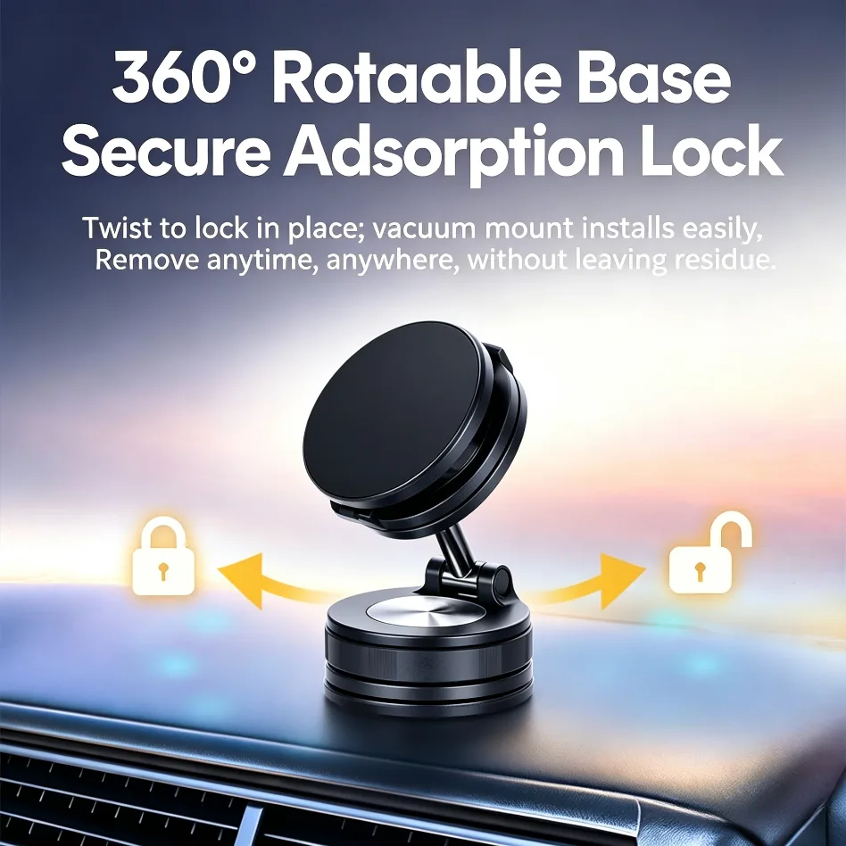 360 degree rotatable base with secure adsorption lock on the foldable magnetic car holder