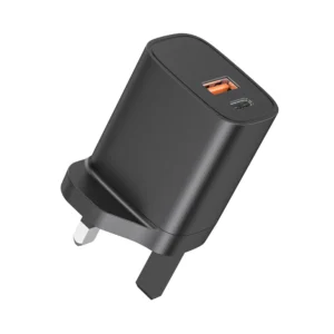 SUNDA HC-019 20W PD wall charger in black, USB-A and USB-C outputs, UK plug folded out