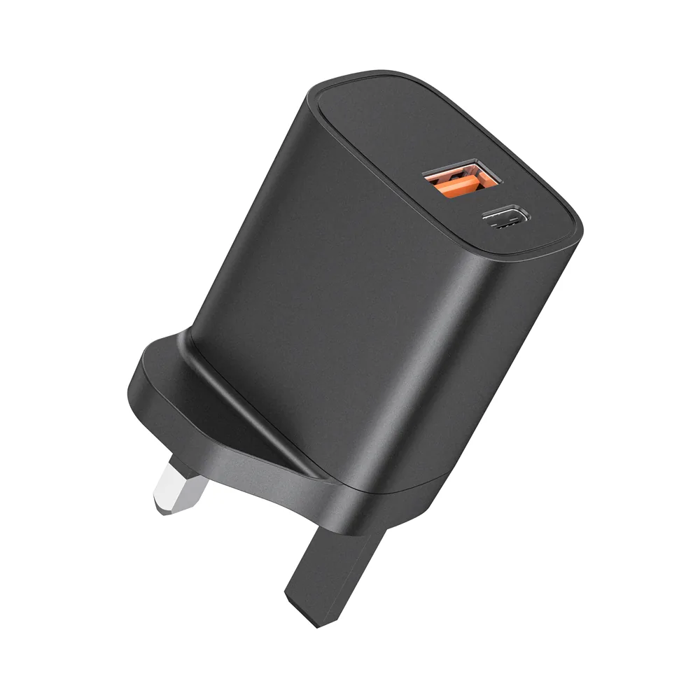SUNDA HC-019 20W PD wall charger in black, USB-A and USB-C outputs, UK plug folded out