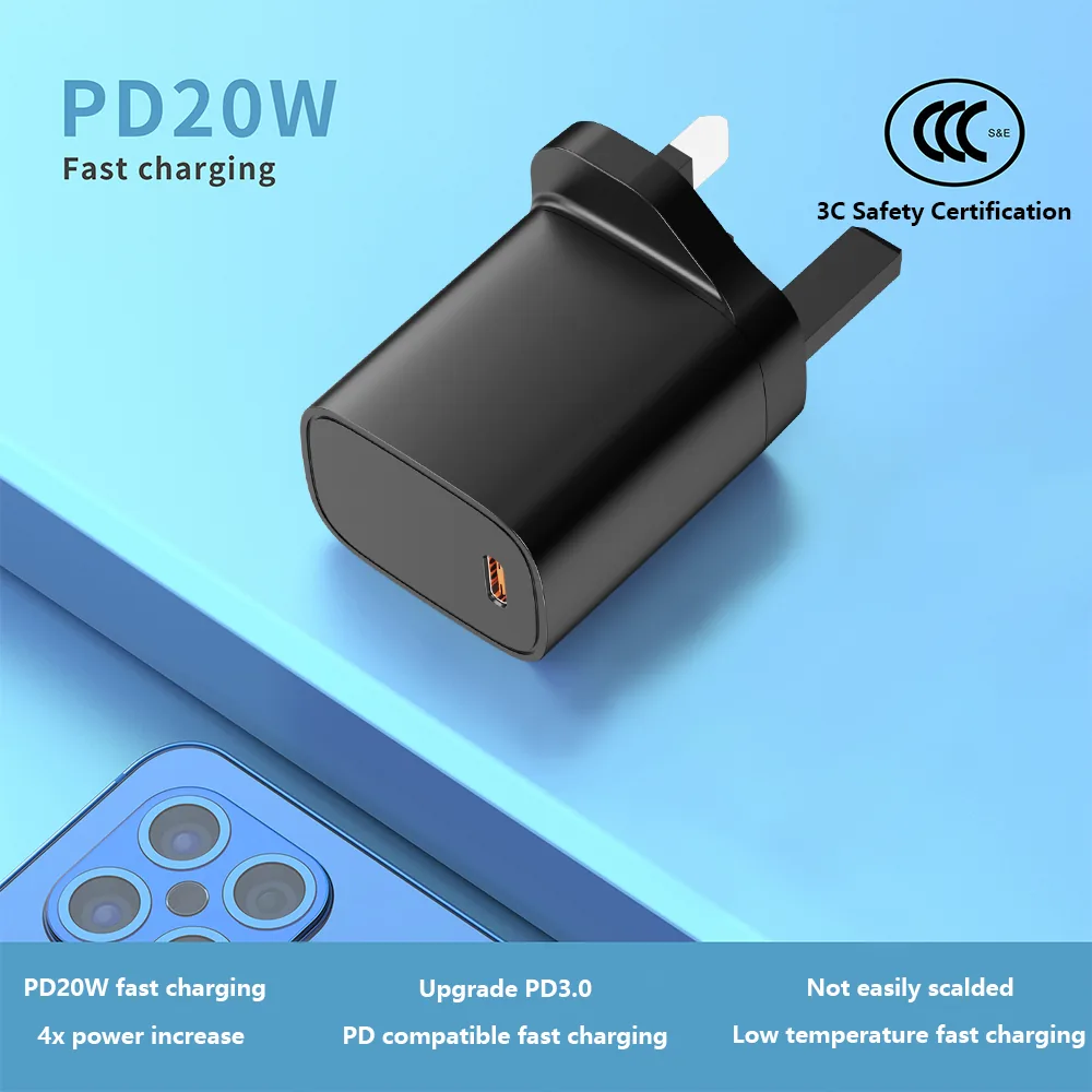 PD 20W fast charging wall charger with 3C safety certification mark and USB-C plus USB-A ports