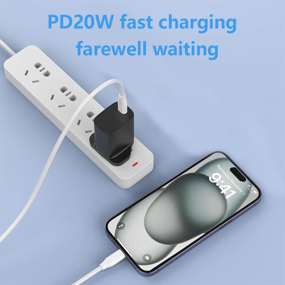 20W PD wall charger plugged into a power strip charging a phone, PD 20W farewell waiting