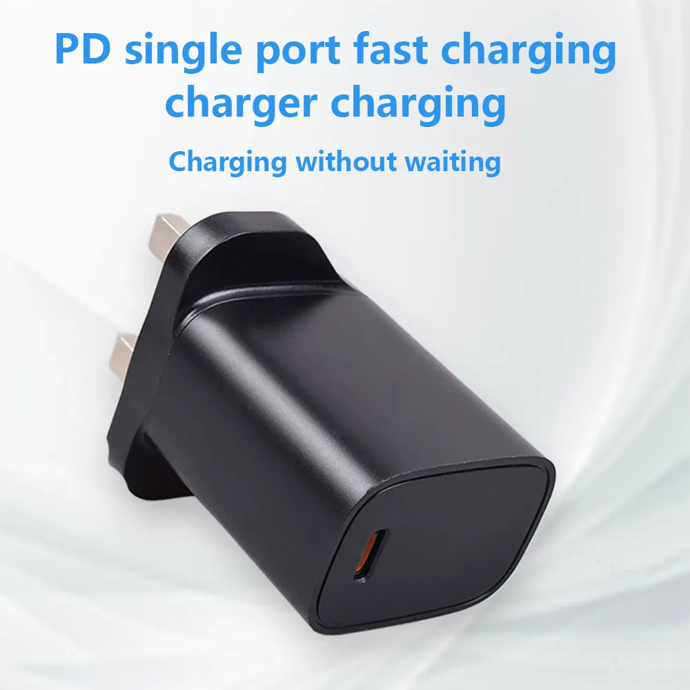 PD single port fast charging wall charger in black with USB-C output, UK plug