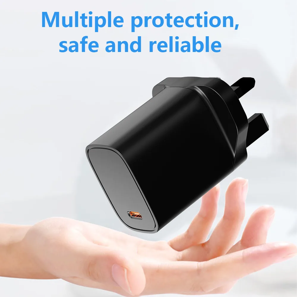 Multiple protection 20W wall charger held in one hand, USB-A and USB-C ports visible