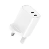 SUNDA HC-019 20W PD wall charger in white with dual USB-C outputs, UK plug folded out