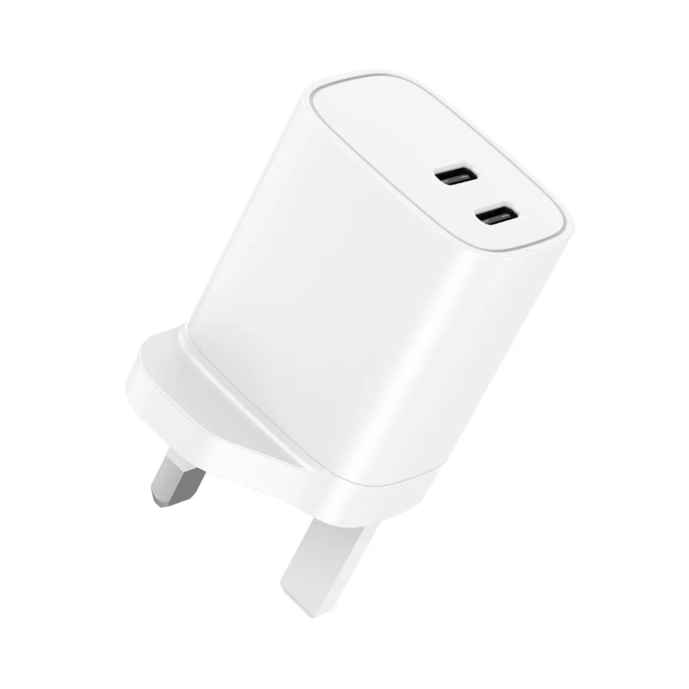 SUNDA HC-019 20W PD wall charger in white with dual USB-C outputs, UK plug folded out