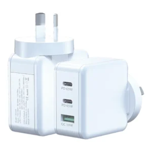 SUNDA HC029 65W wall charger in white shown with two USB-C PD ports and one USB-A QC 18W port