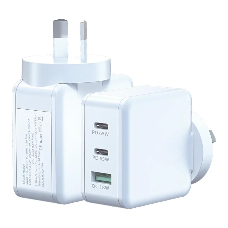 SUNDA HC029 65W wall charger in white shown with two USB-C PD ports and one USB-A QC 18W port