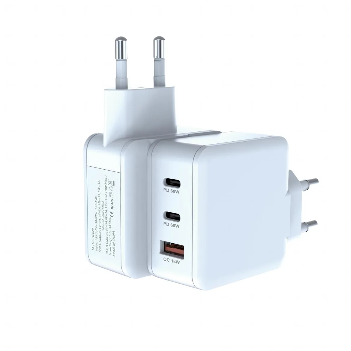 SUNDA HC029 65W wall charger with the EU plug folded out, showing the three-port face and the rating label