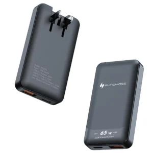 SUNDA HC032 65W GaN wall charger shown in black and in white, slim dual USB-C design