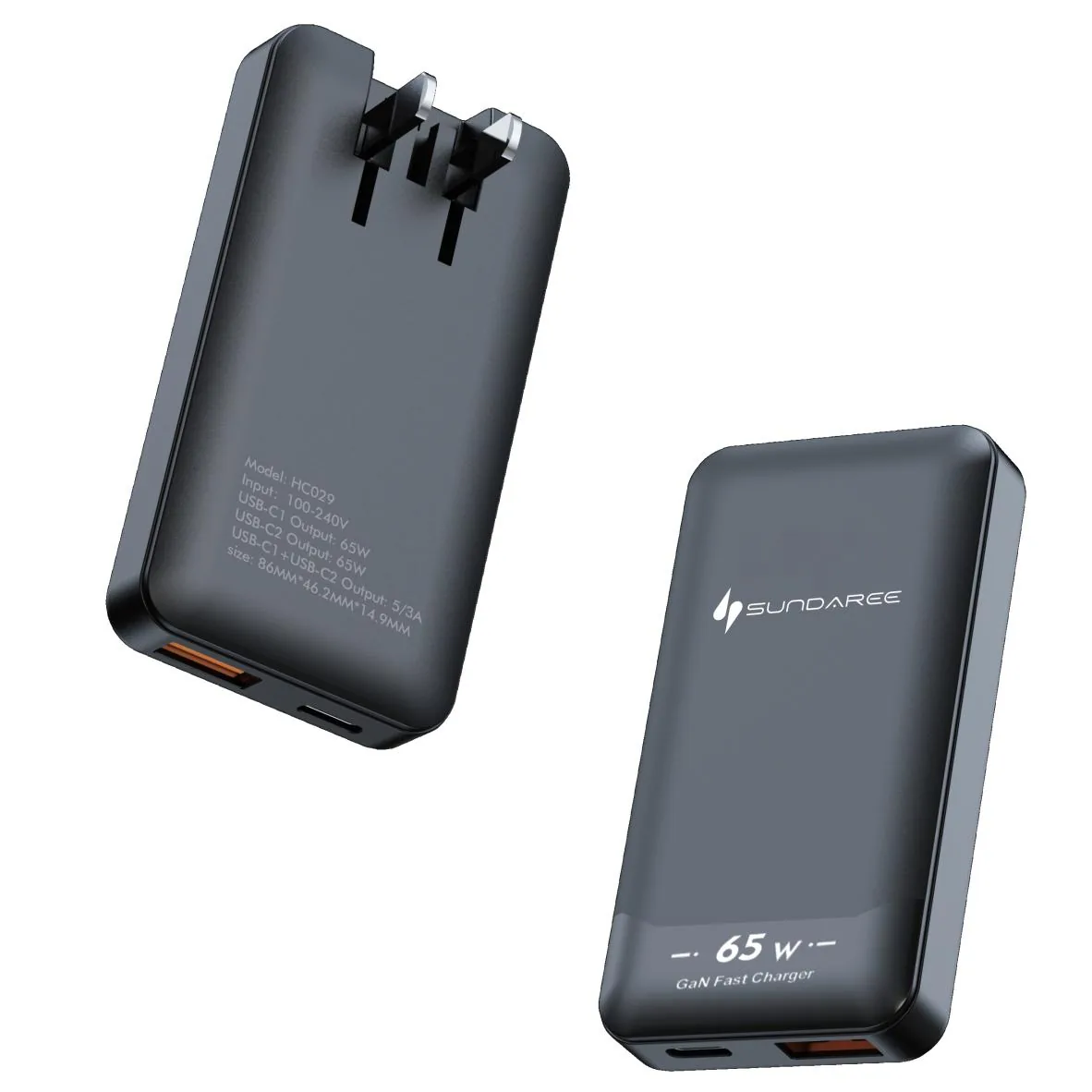 SUNDA HC032 65W GaN wall charger shown in black and in white, slim dual USB-C design