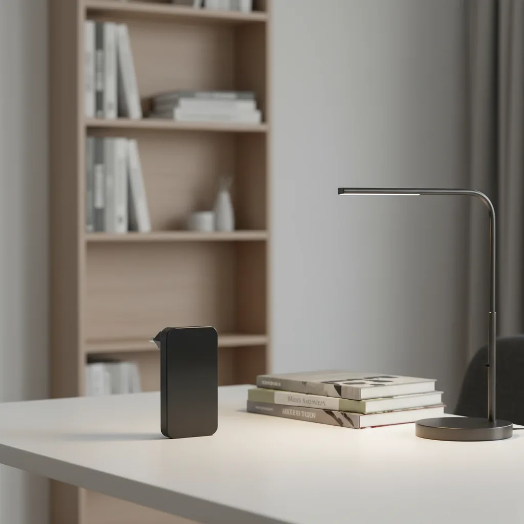SUNDA HC032 65W GaN charger in black standing on a desk next to a lamp and a stack of books