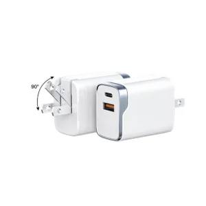 SUNDA HC-4 30W GaN wall charger in white with the plug folded through 90 degrees, USB-C and USB-A ports on the front