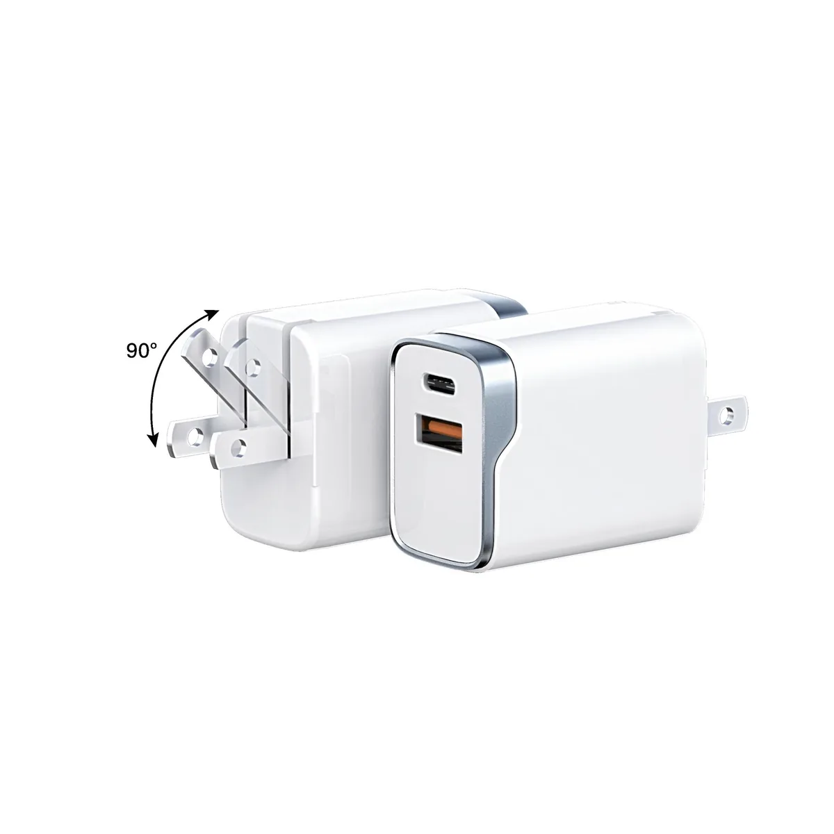 SUNDA HC-4 30W GaN wall charger in white with the plug folded through 90 degrees, USB-C and USB-A ports on the front