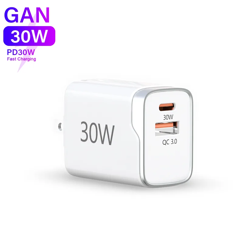 SUNDA HC-4 30W GaN charger in white with the 30W marking and the 30W USB-C and QC 3.0 USB-A ports