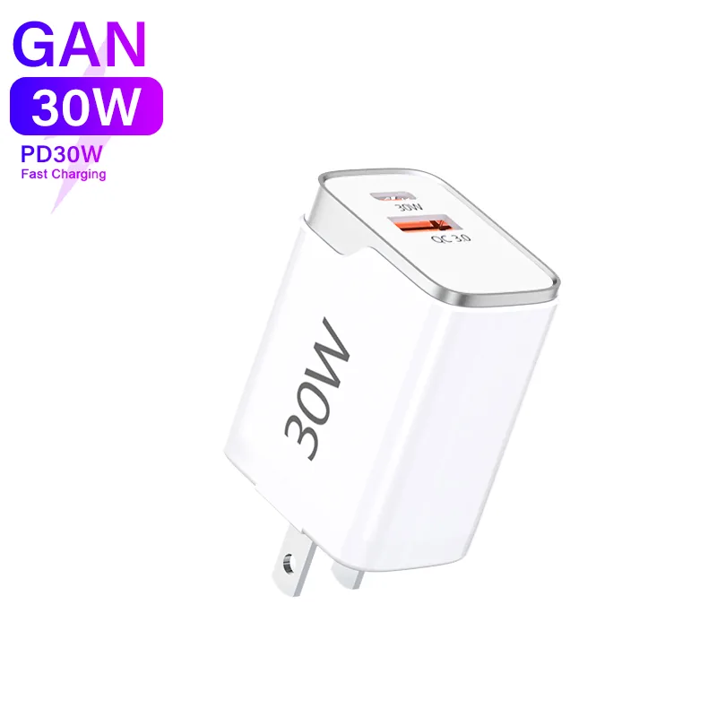SUNDA HC-4 30W GaN wall charger at an angle showing the 30W marking and the two ports on the top face