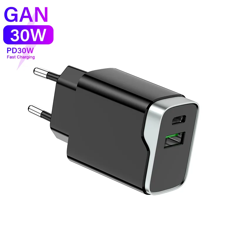 SUNDA HC-4 30W GaN wall charger in black with the EU plug and the metal bezel around the two ports