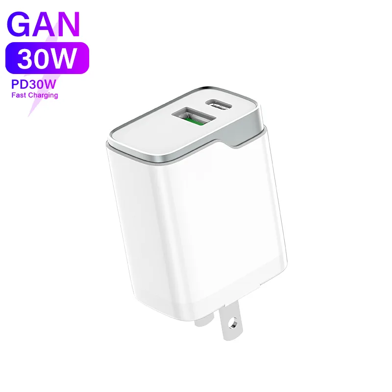 SUNDA HC-4 30W GaN charger in white showing the green USB-A port and the USB-C port on the top face