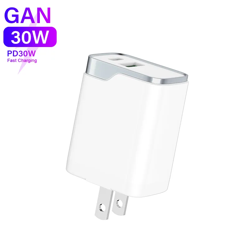 SUNDA HC-4 30W GaN wall charger in white, front view with the metal bezel and both ports