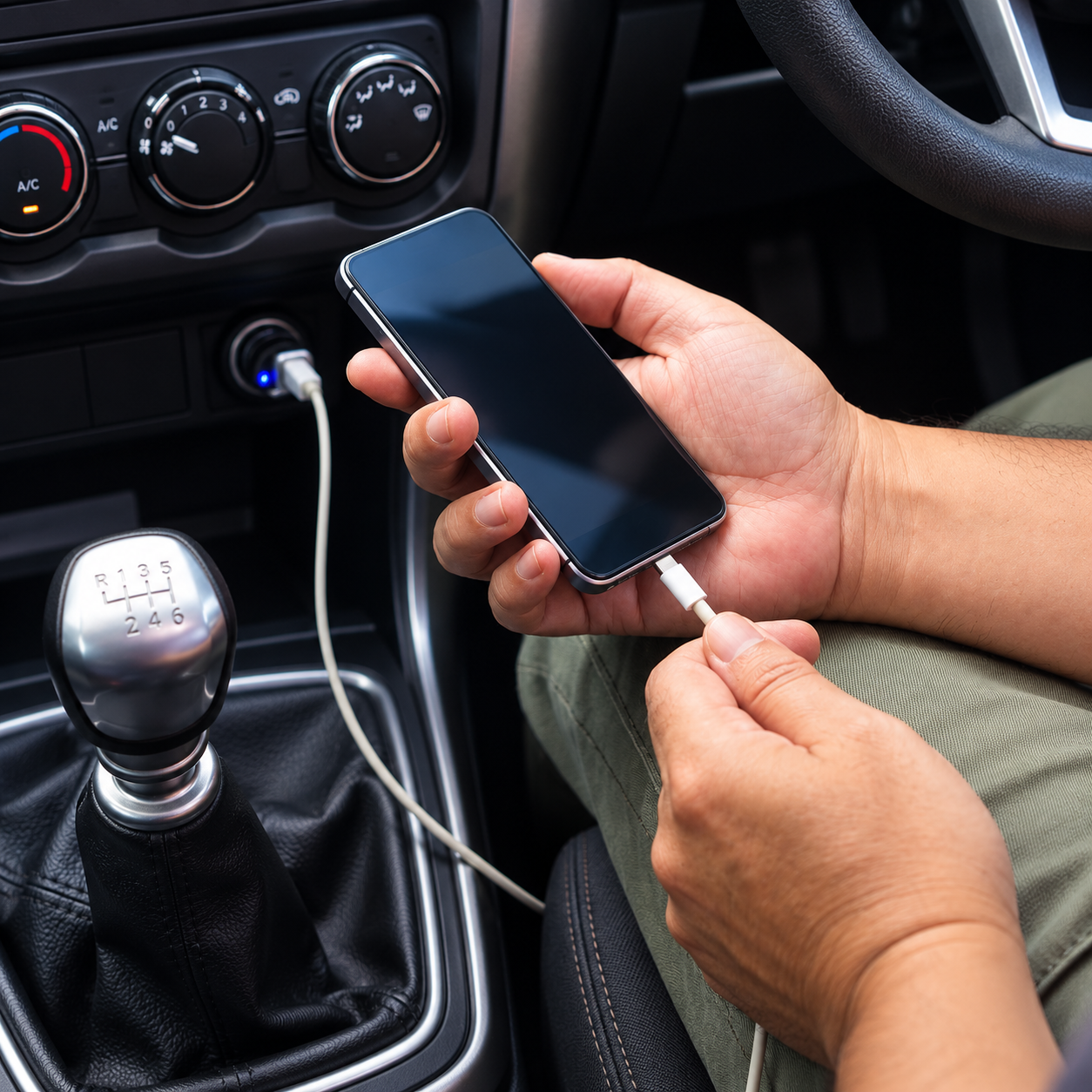 iPhone charging from a car socket charger inside a vehicle